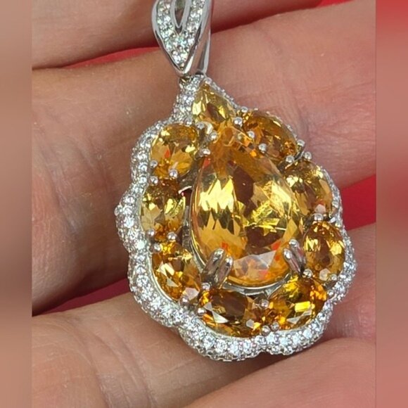 925 Sterling Silver Large Pendant 3x2cm with Natural Citrine Gem & Cz - Picture 6 of 7